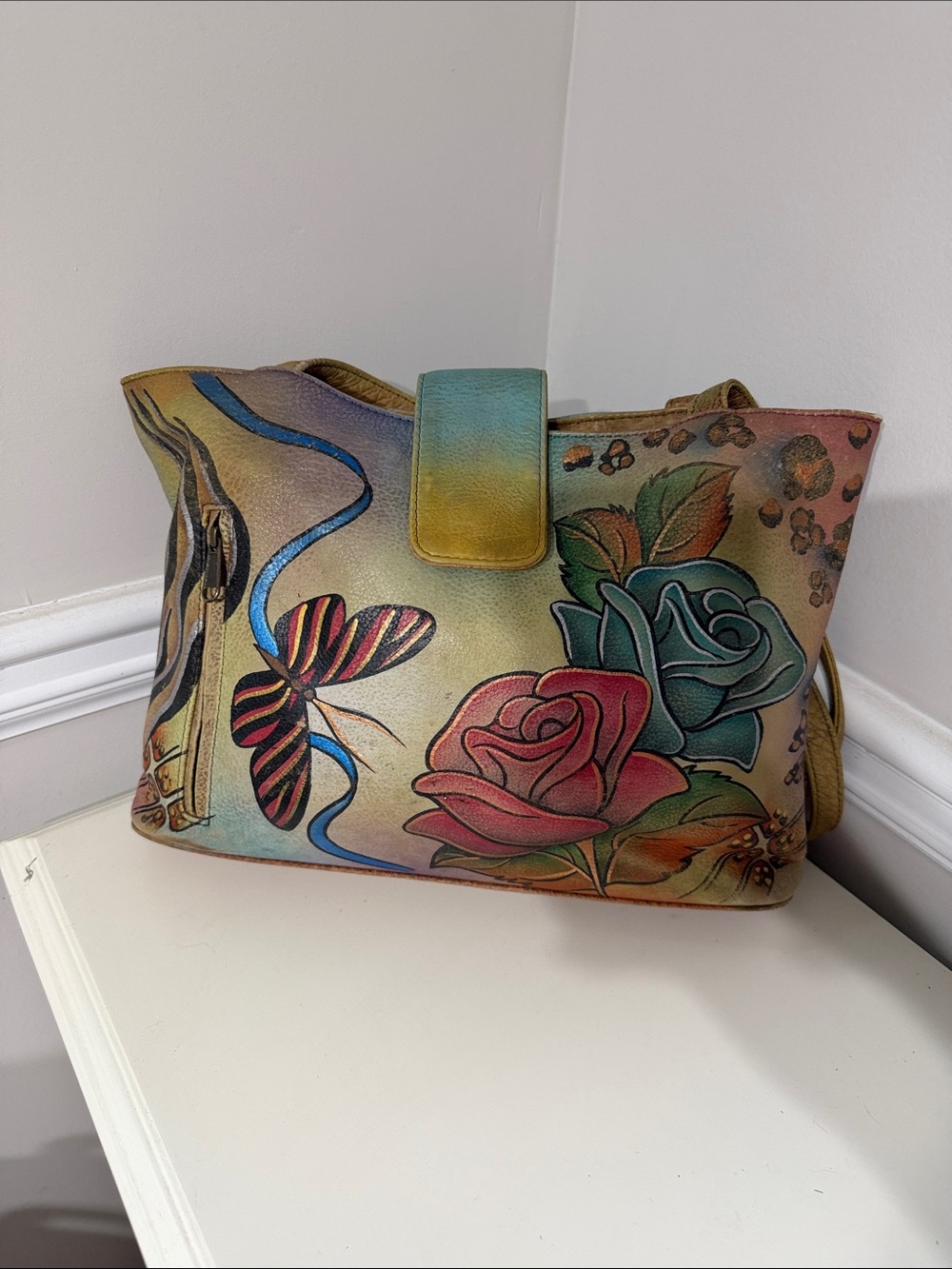 Anna Anuschka Hand-Painted Floral & Butterfly Tote Bag in Multi-Color